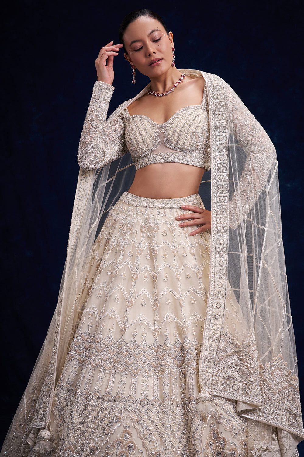 Off-White Net Bridal Lehenga with Pearl and Cutdana Work