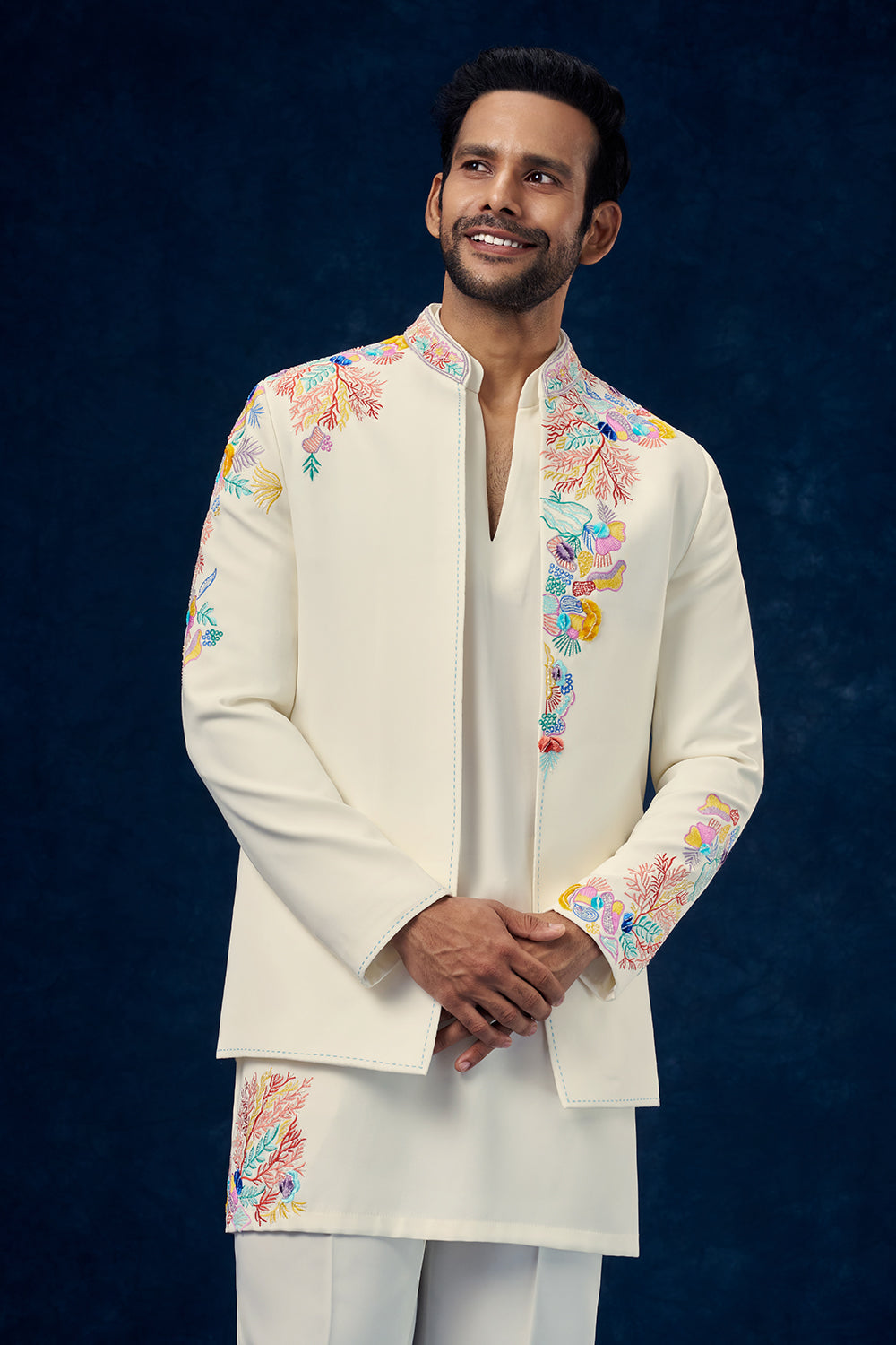 Off White Premium Crepe Mens Jodhpuri Set with Resham and Cutdana Work