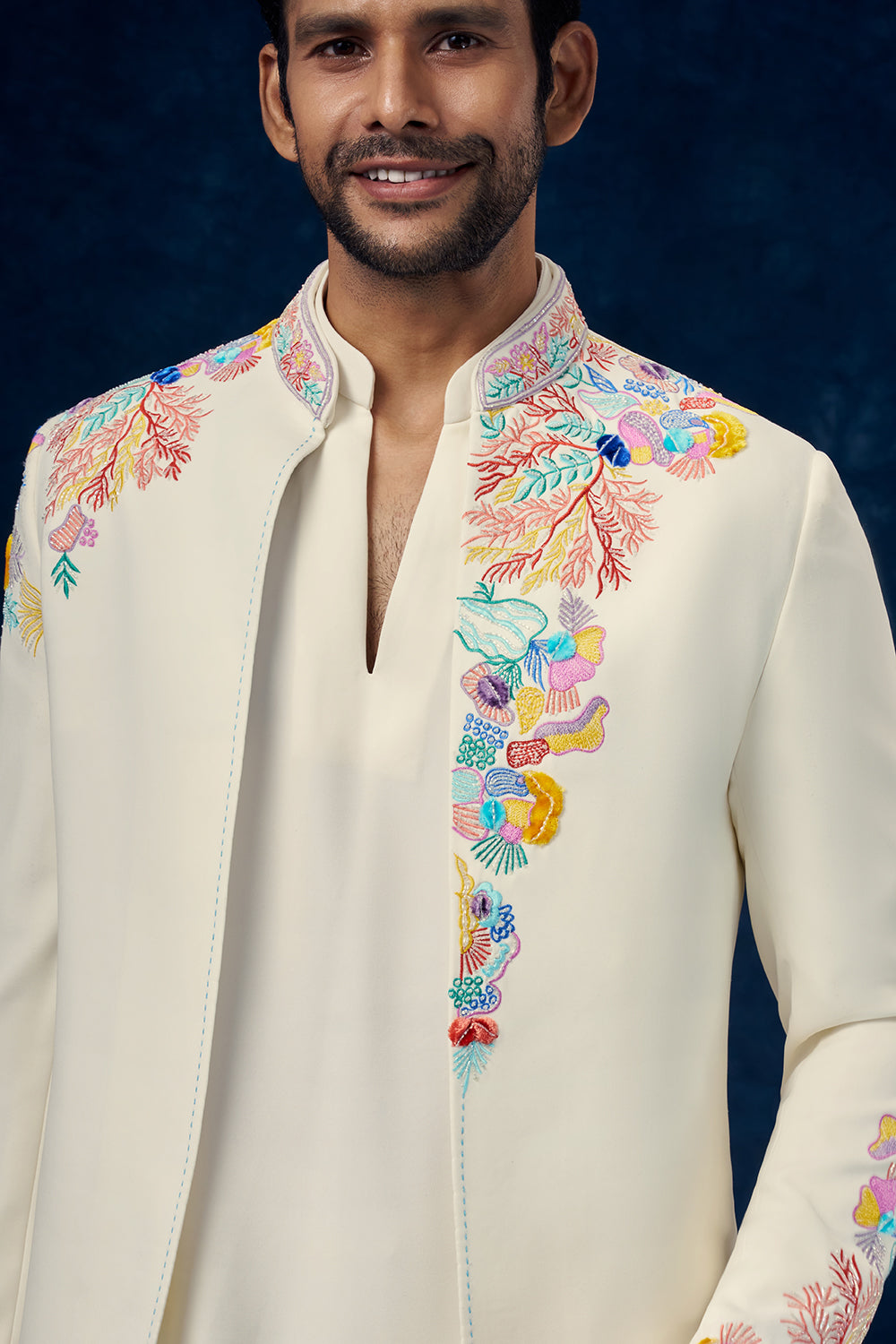 Off White Premium Crepe Mens Jodhpuri Set with Resham and Cutdana Work