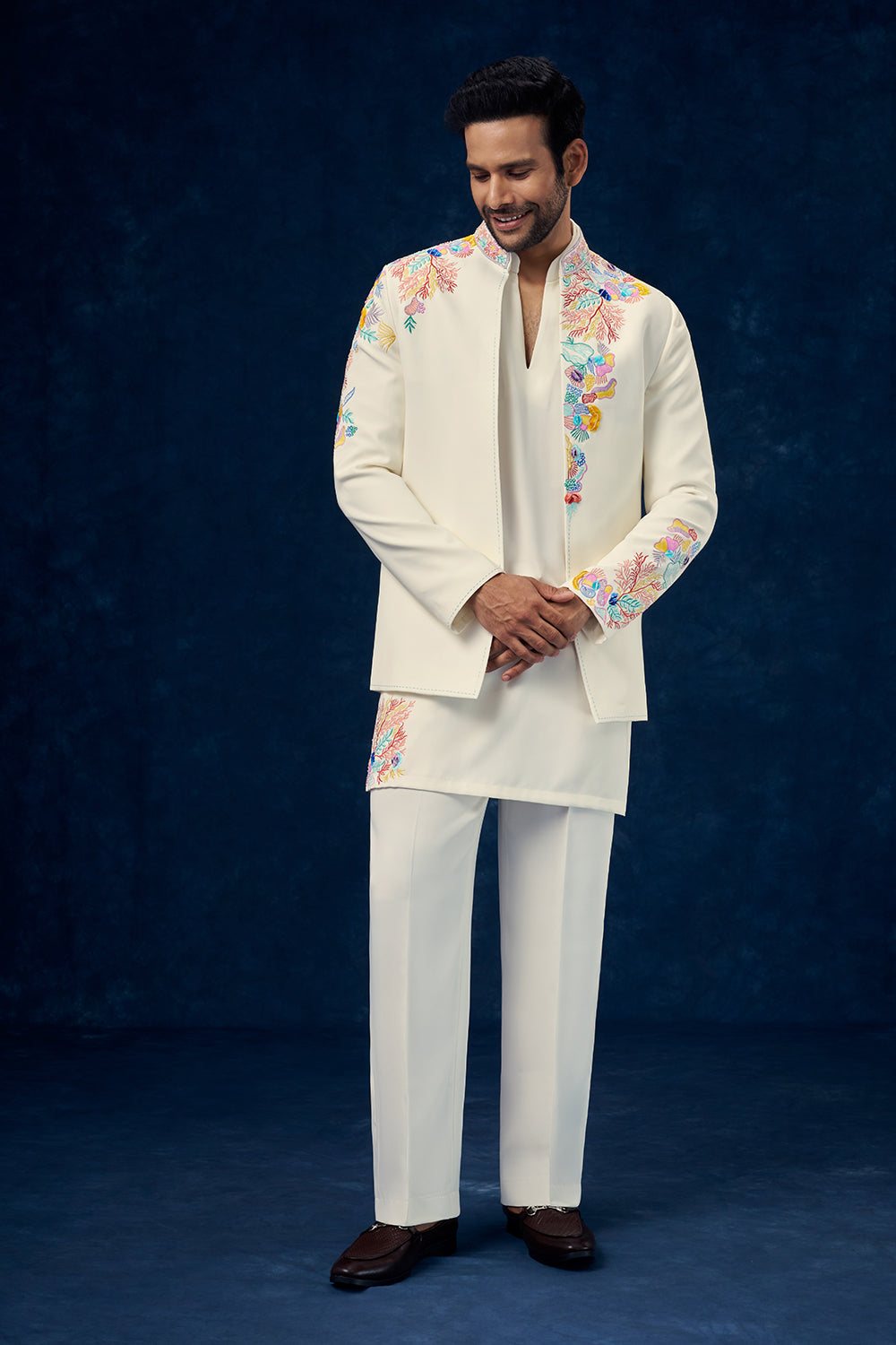 Off White Premium Crepe Mens Jodhpuri Set with Resham and Cutdana Work