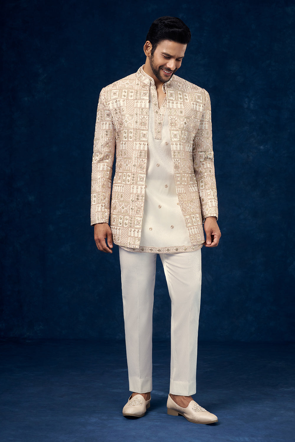 Off White Premium Crepe Mens Jodhpuri Set with Zari Work