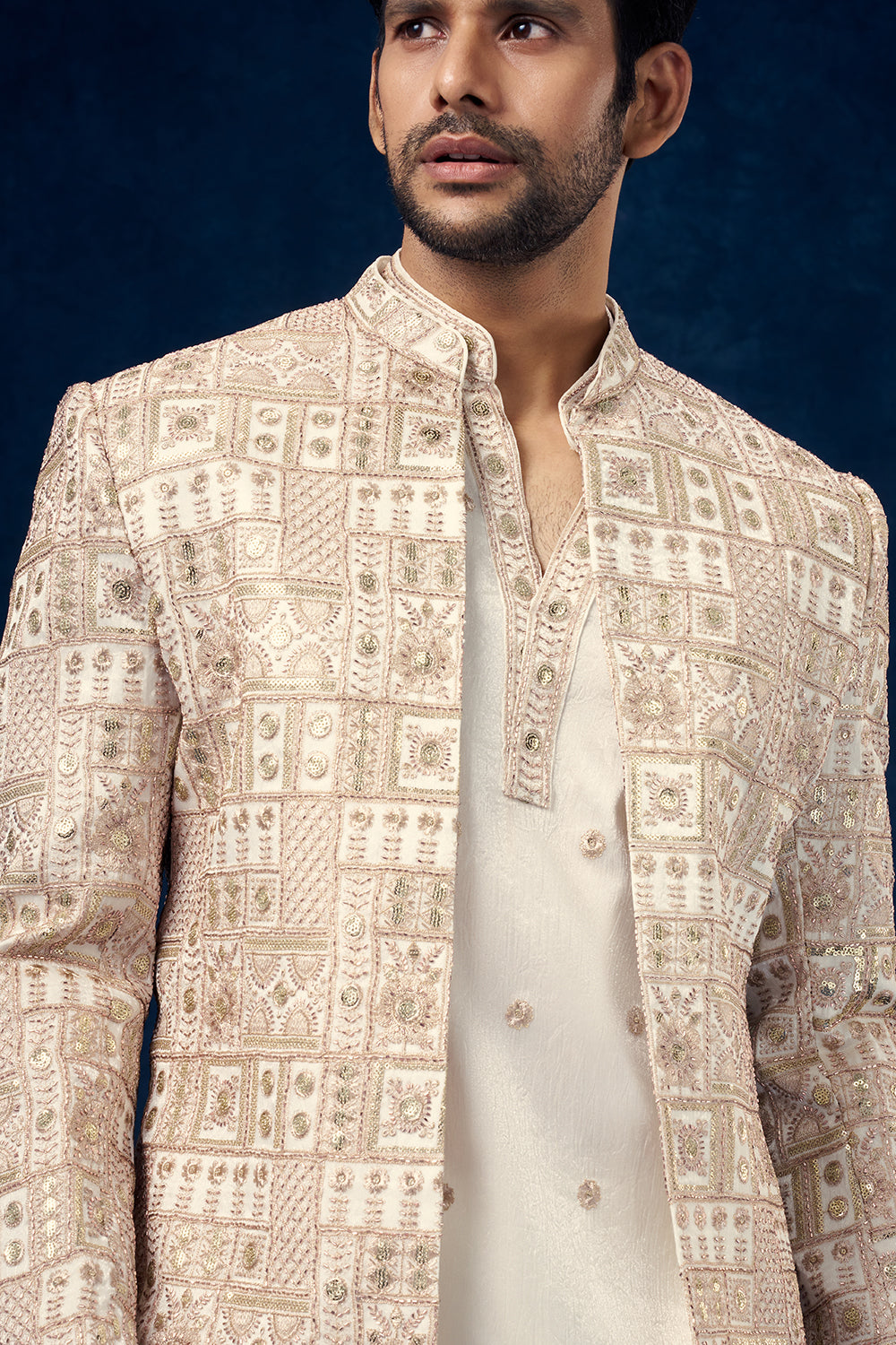 Off White Premium Crepe Mens Jodhpuri Set with Zari Work