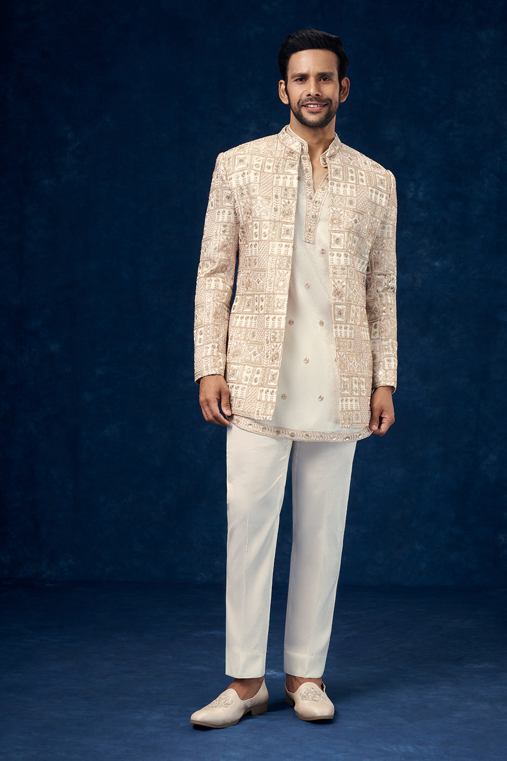 Off White Premium Crepe Mens Jodhpuri Set with Zari Work
