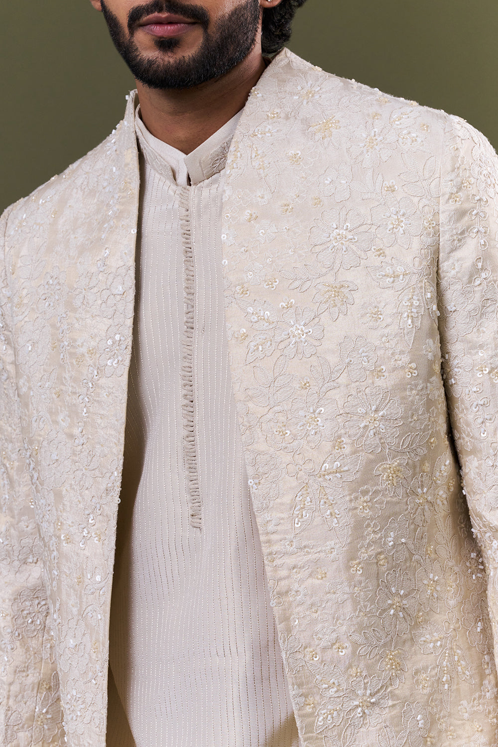 Off White Tissue Silk Floral Embellished Jacket Set