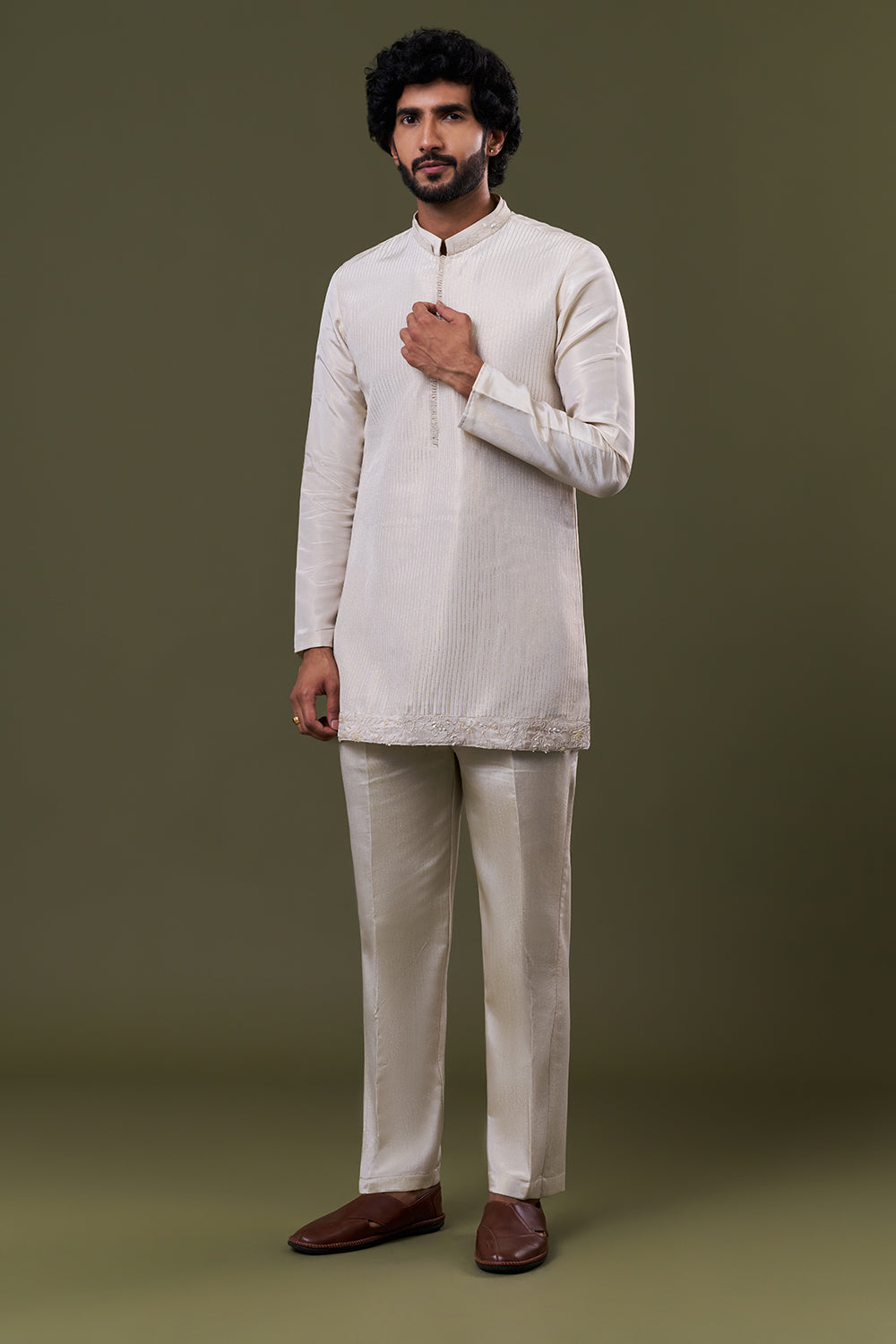 Off White Tissue Silk Floral Embellished Jacket Set