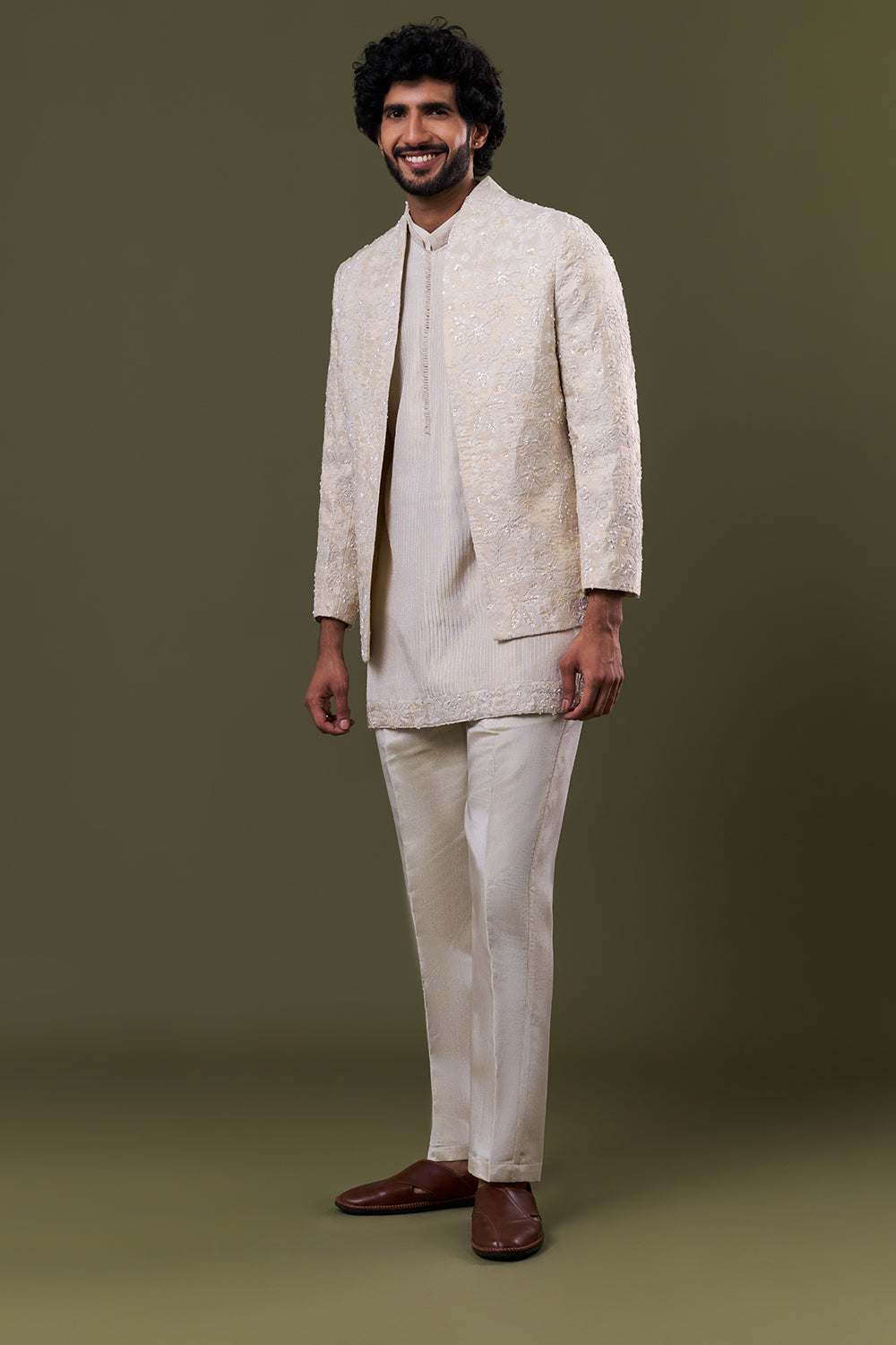 Off White Tissue Silk Floral Embellished Jacket Set