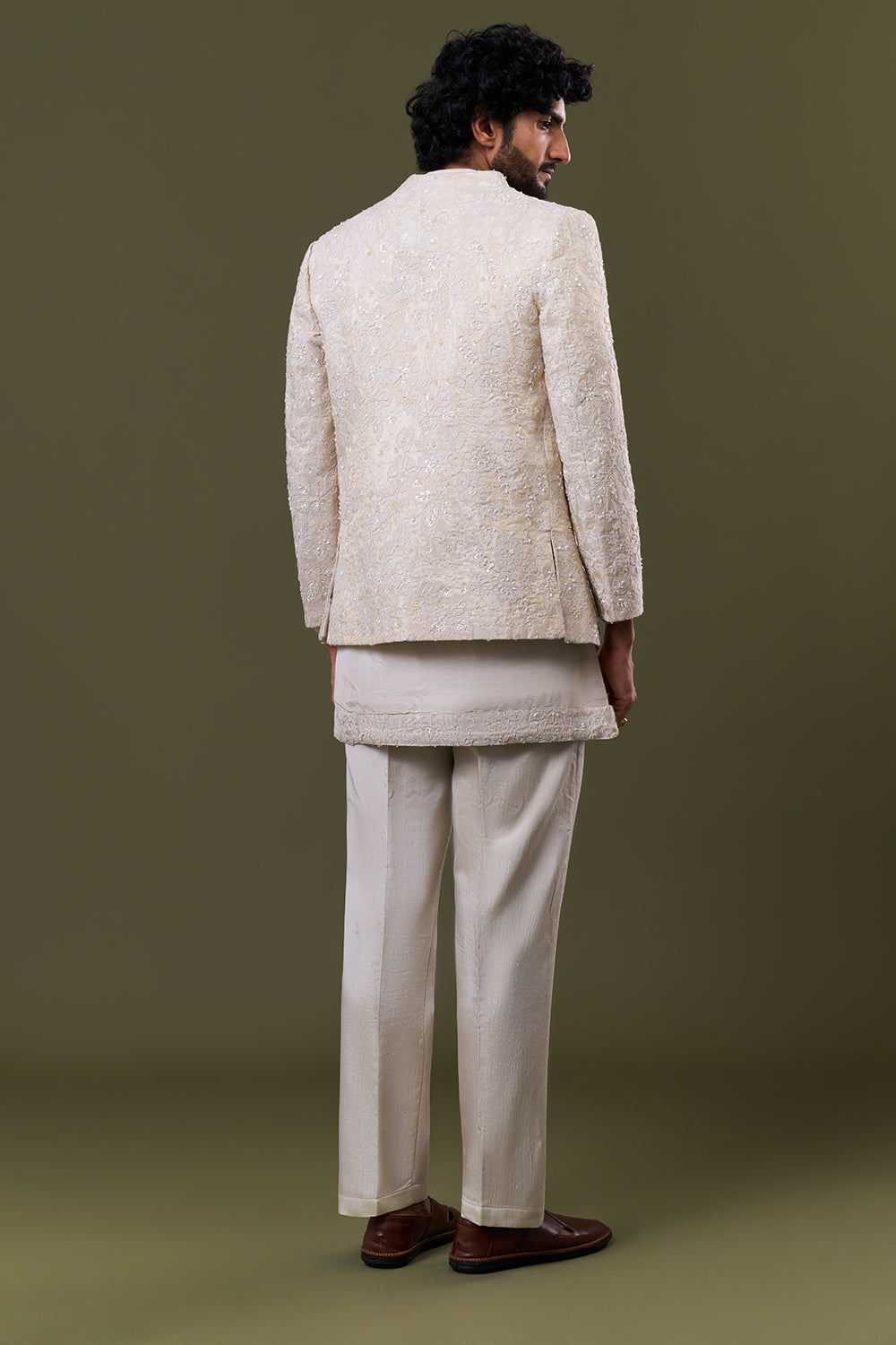 Off White Tissue Silk Floral Embellished Jacket Set