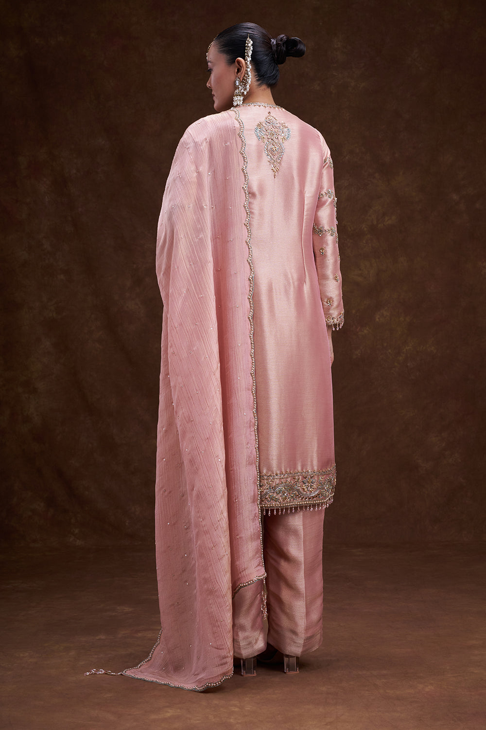 Old Rose Pink Front Open Jacket Set with Intricate Beads Work