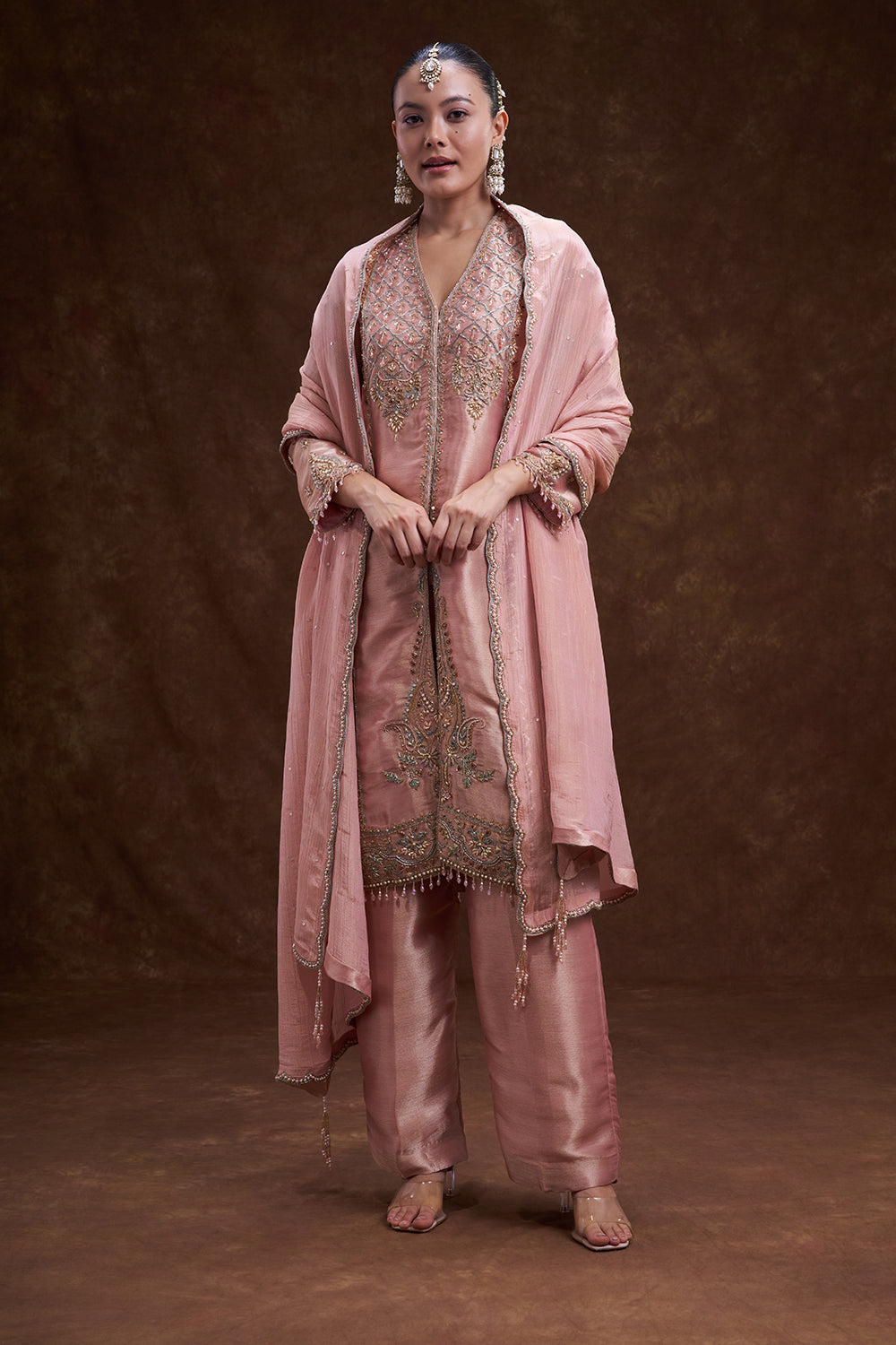 Old Rose Pink Front Open Jacket Set with Intricate Beads Work