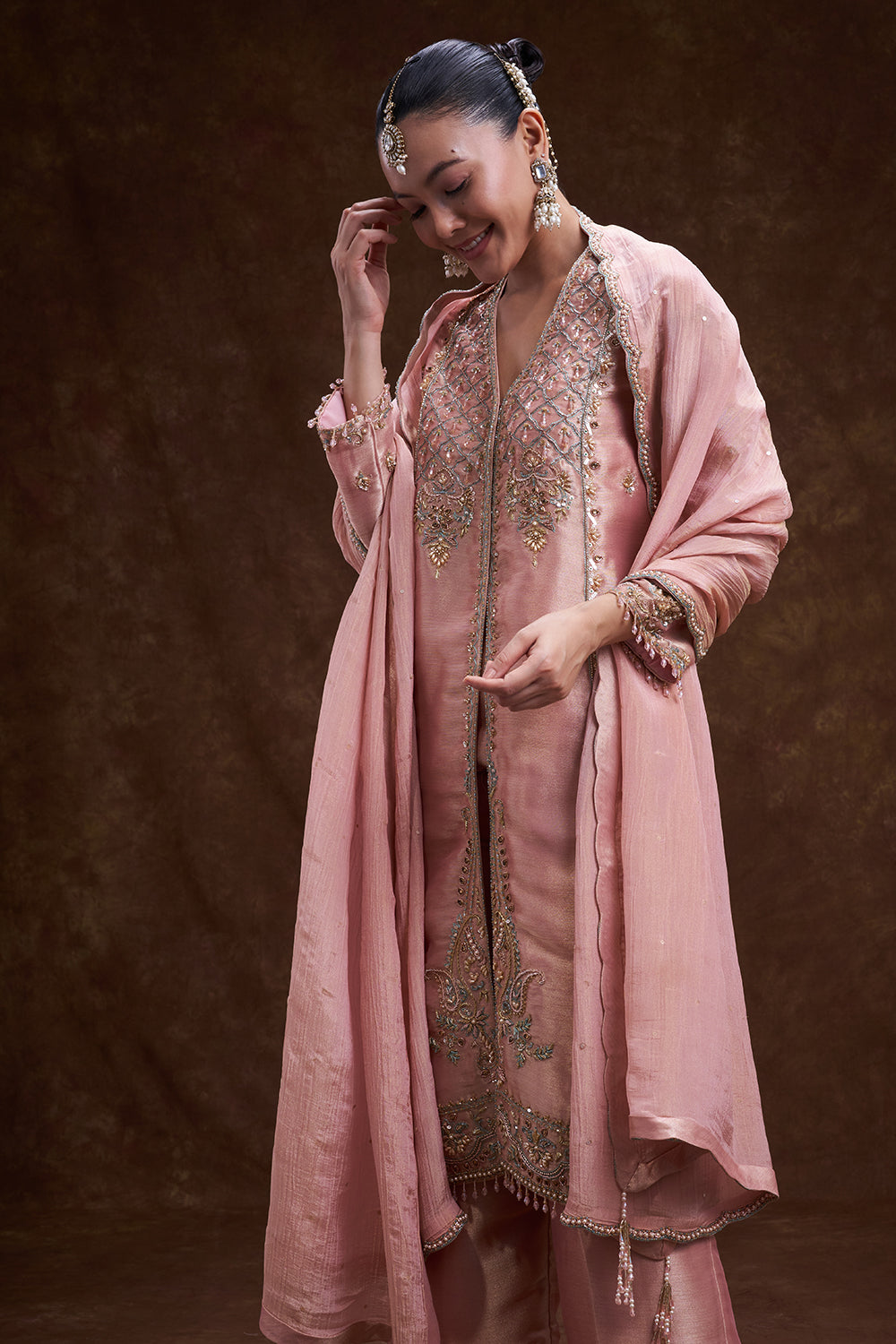 Old Rose Pink Front Open Jacket Set with Intricate Beads Work