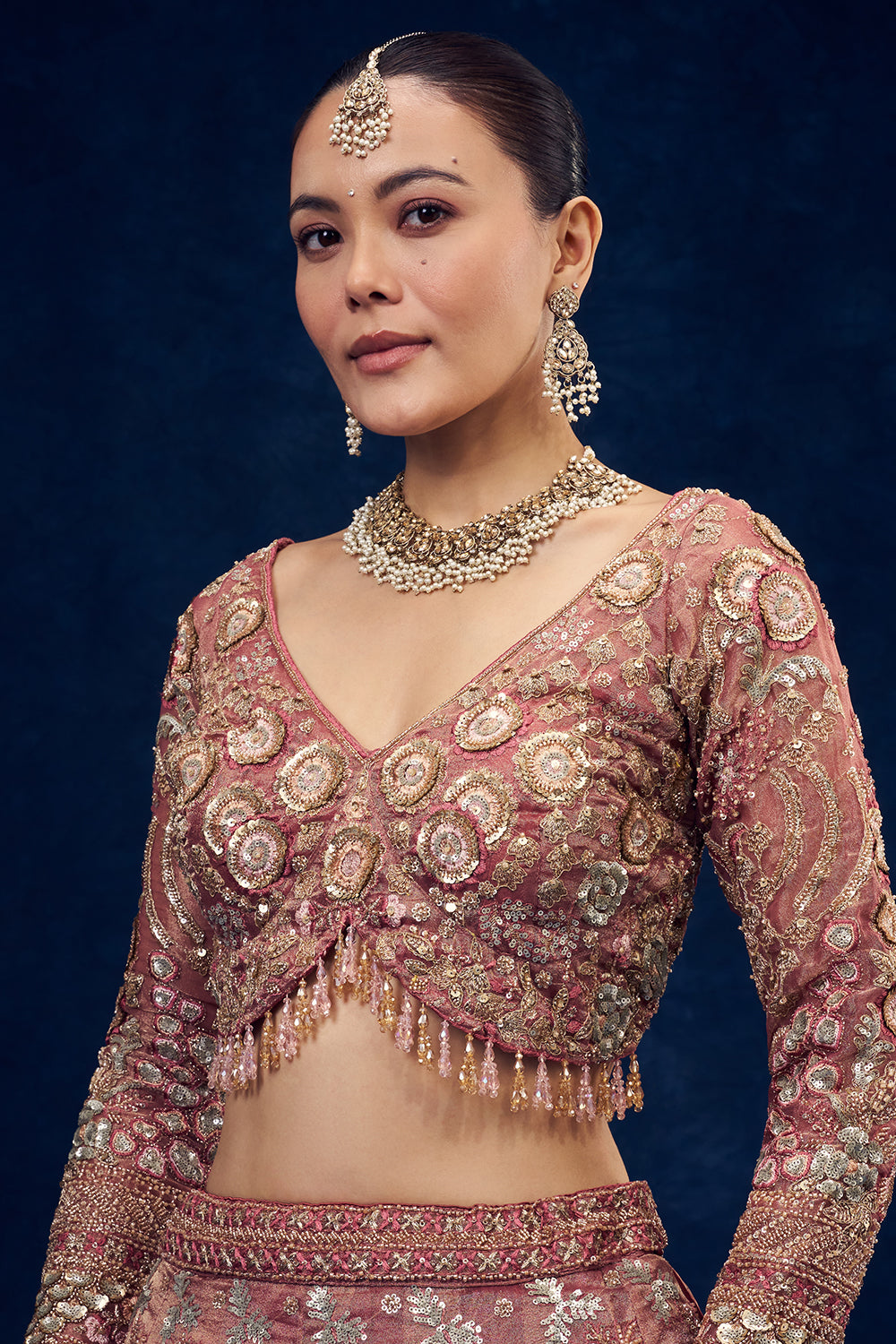 Old Rose Pink Net Lehenga with Cutdana and Resham Handwork