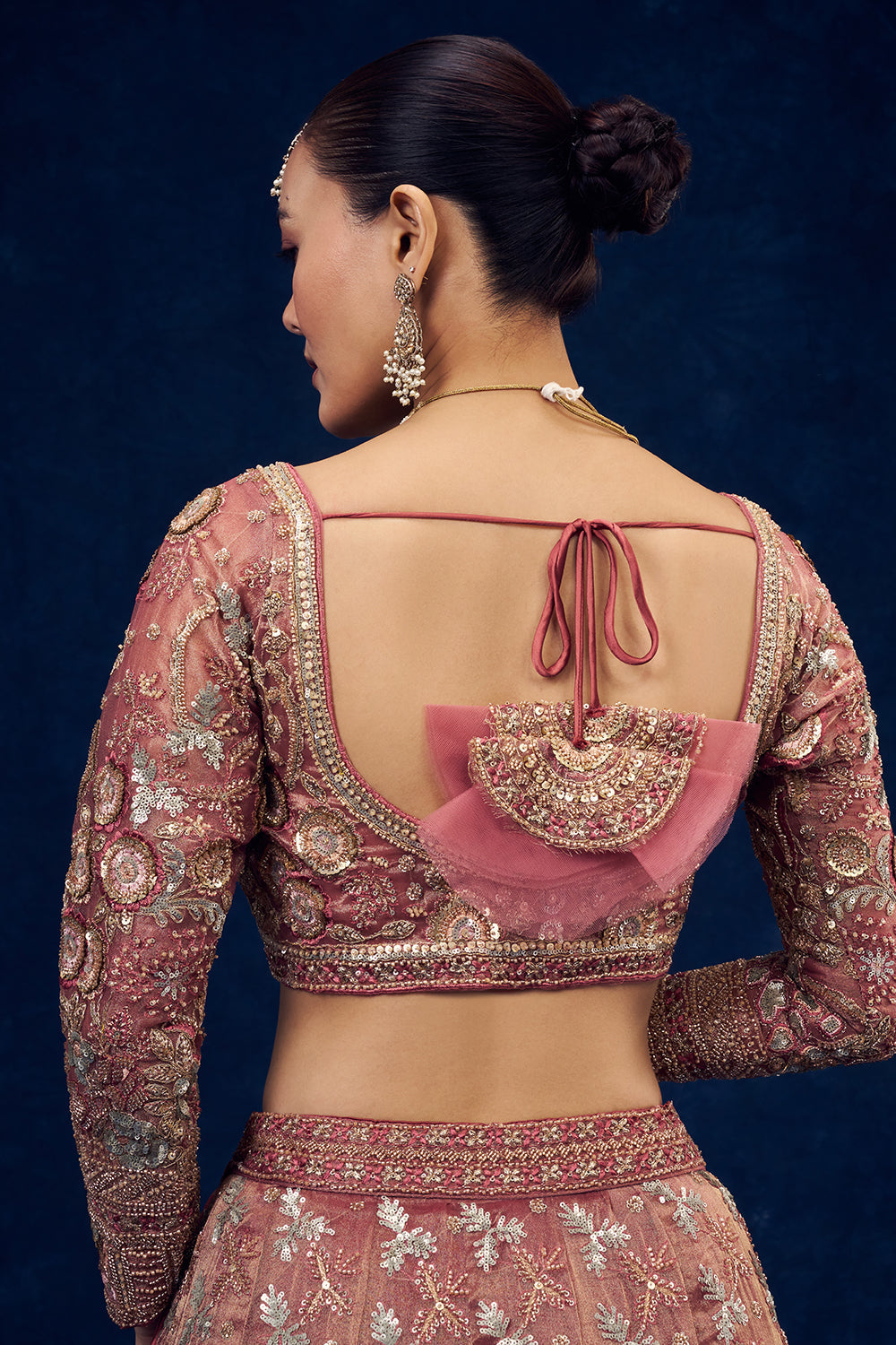 Old Rose Pink Net Lehenga with Cutdana and Resham Handwork