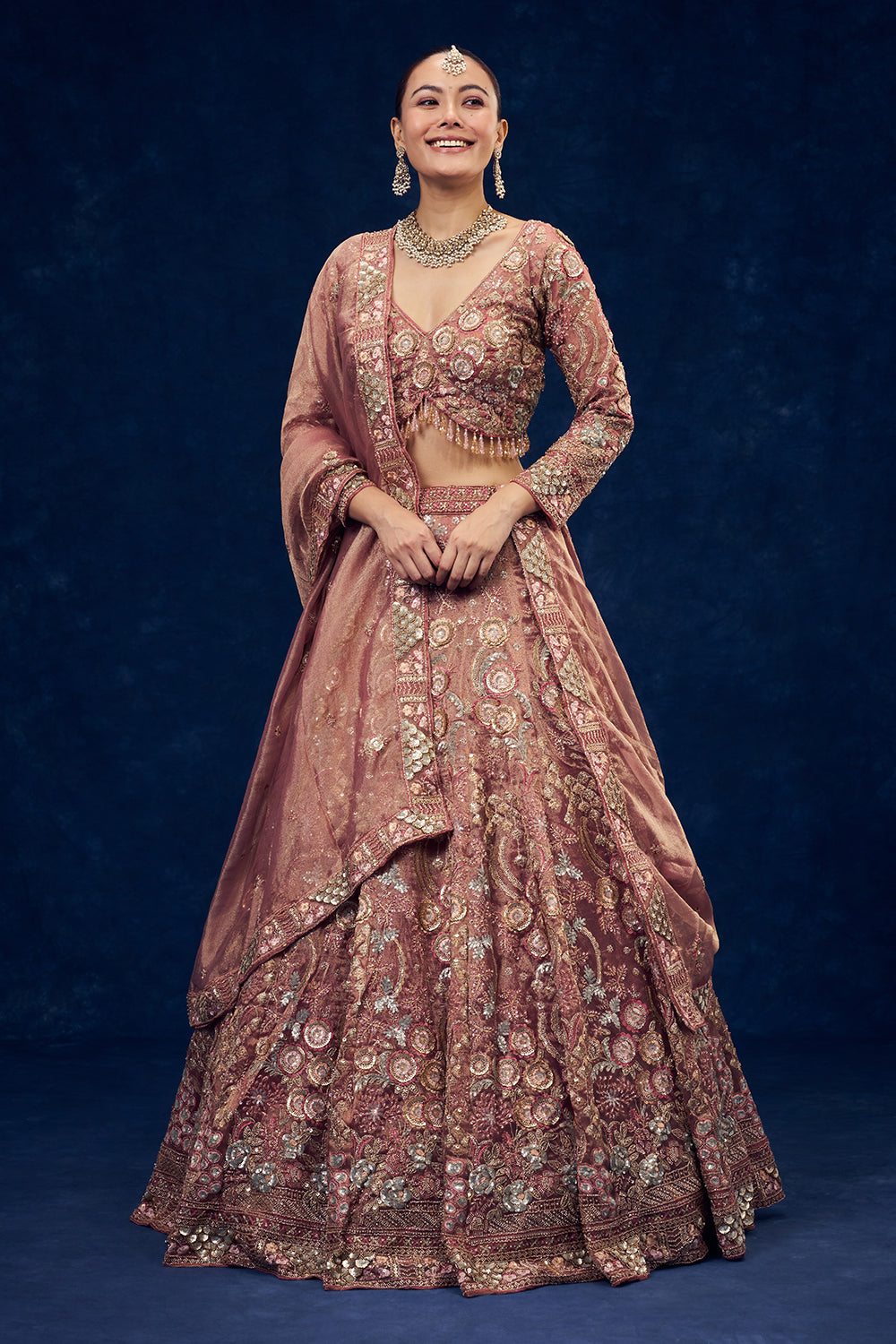 Old Rose Pink Net Lehenga with Cutdana and Resham Handwork