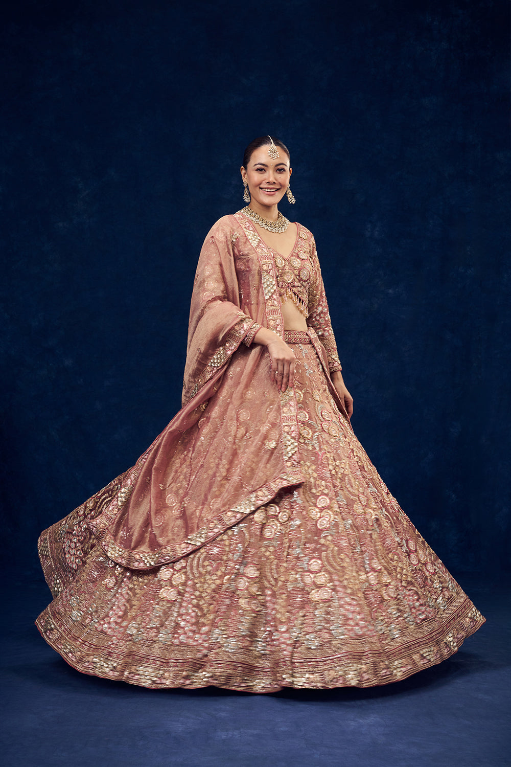 Old Rose Pink Net Lehenga with Cutdana and Resham Handwork