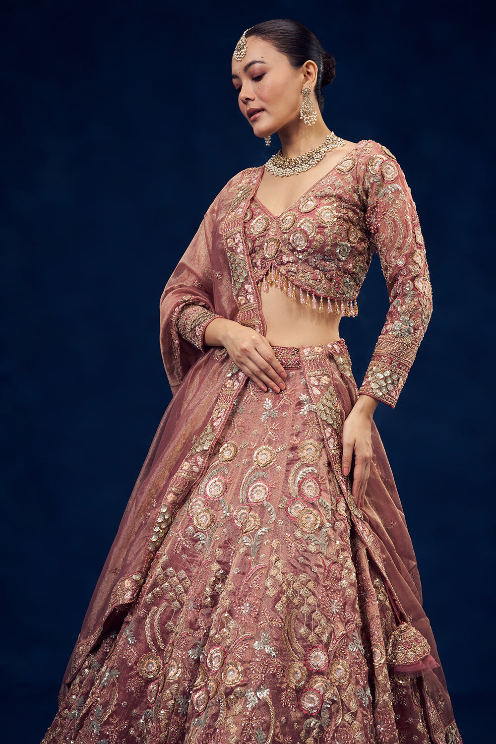 Old Rose Pink Net Lehenga with Cutdana and Resham Handwork