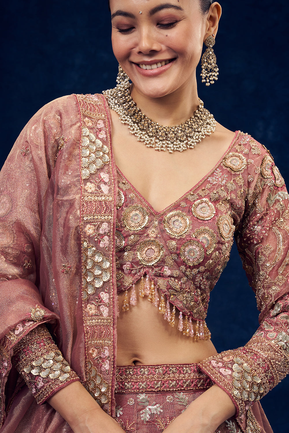Old Rose Pink Net Lehenga with Cutdana and Resham Handwork