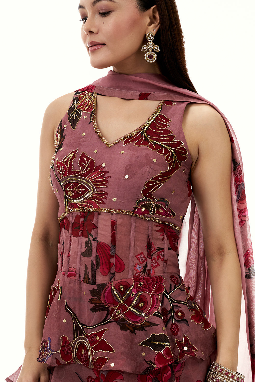 Old Rose Pink Organza Peplum Sharara Suit with Mirror and Cutdana Work