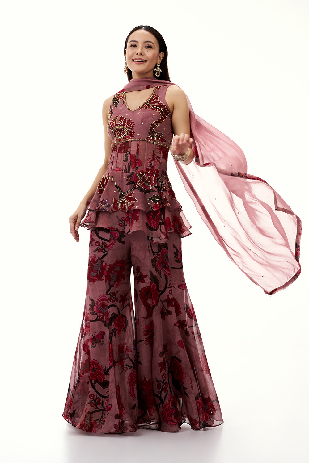 Old Rose Pink Organza Peplum Sharara Suit with Mirror and Cutdana Work