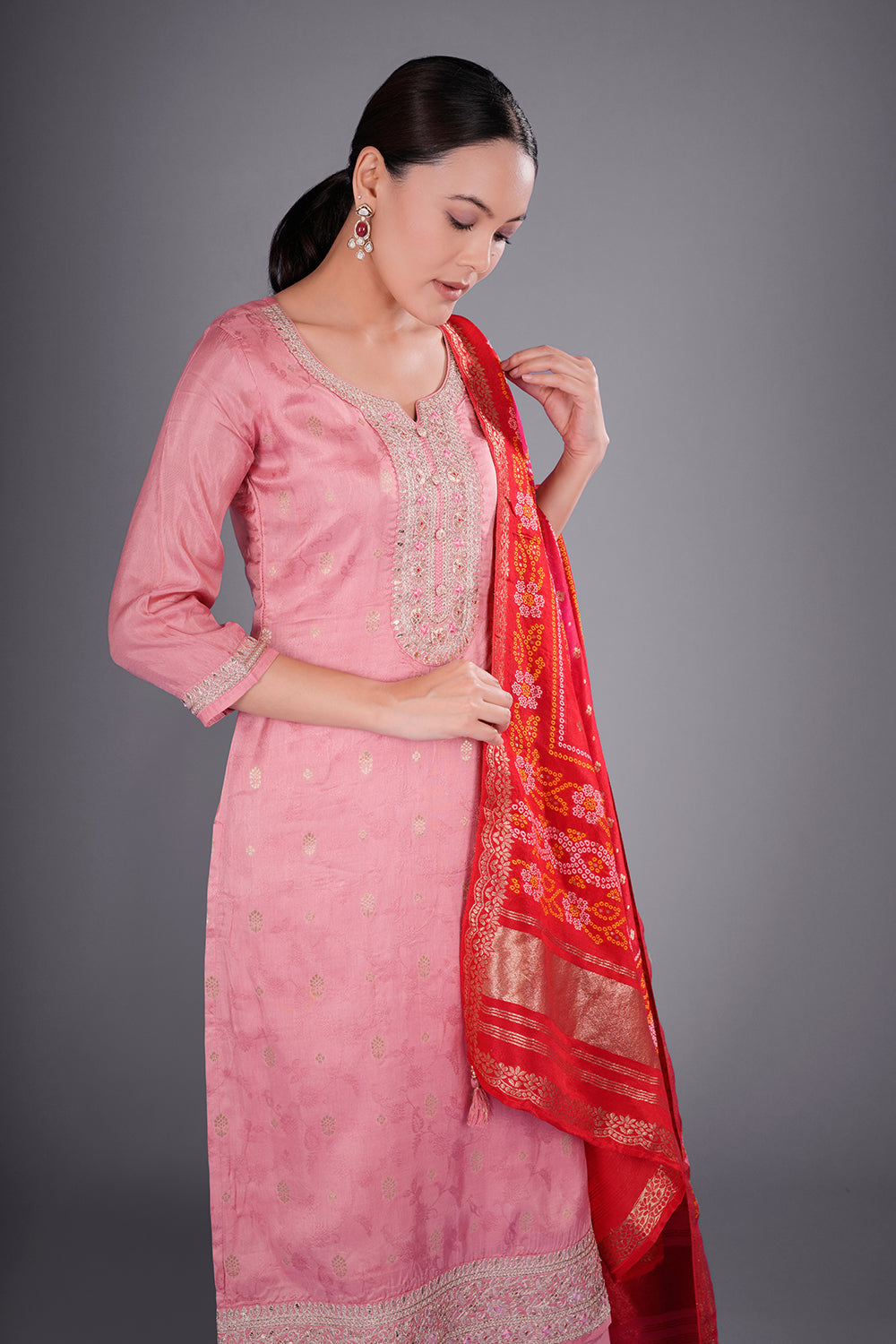 Old Rose Pink Pure Silk Jacquard Kurta Set with Zardozi Embroidery