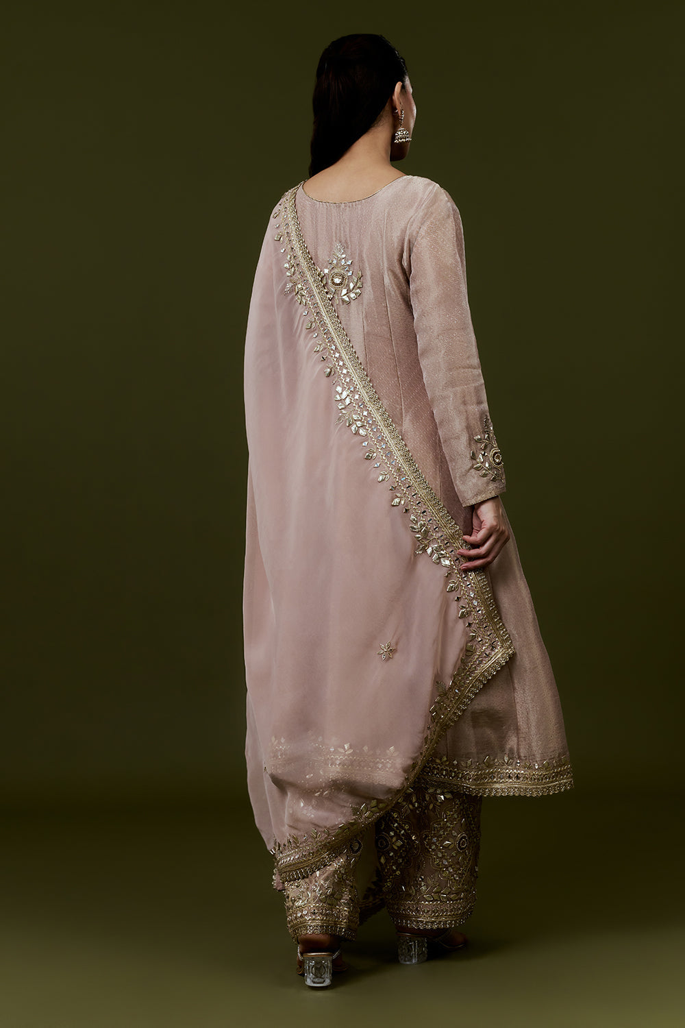 Old Rose Pink Shimmer Tissue Suit with Zari and Mirror Work and Farsi Pants
