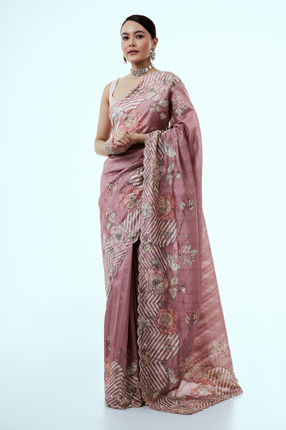 Old Rose Pink Tussar Silk Saree with Sequins Work