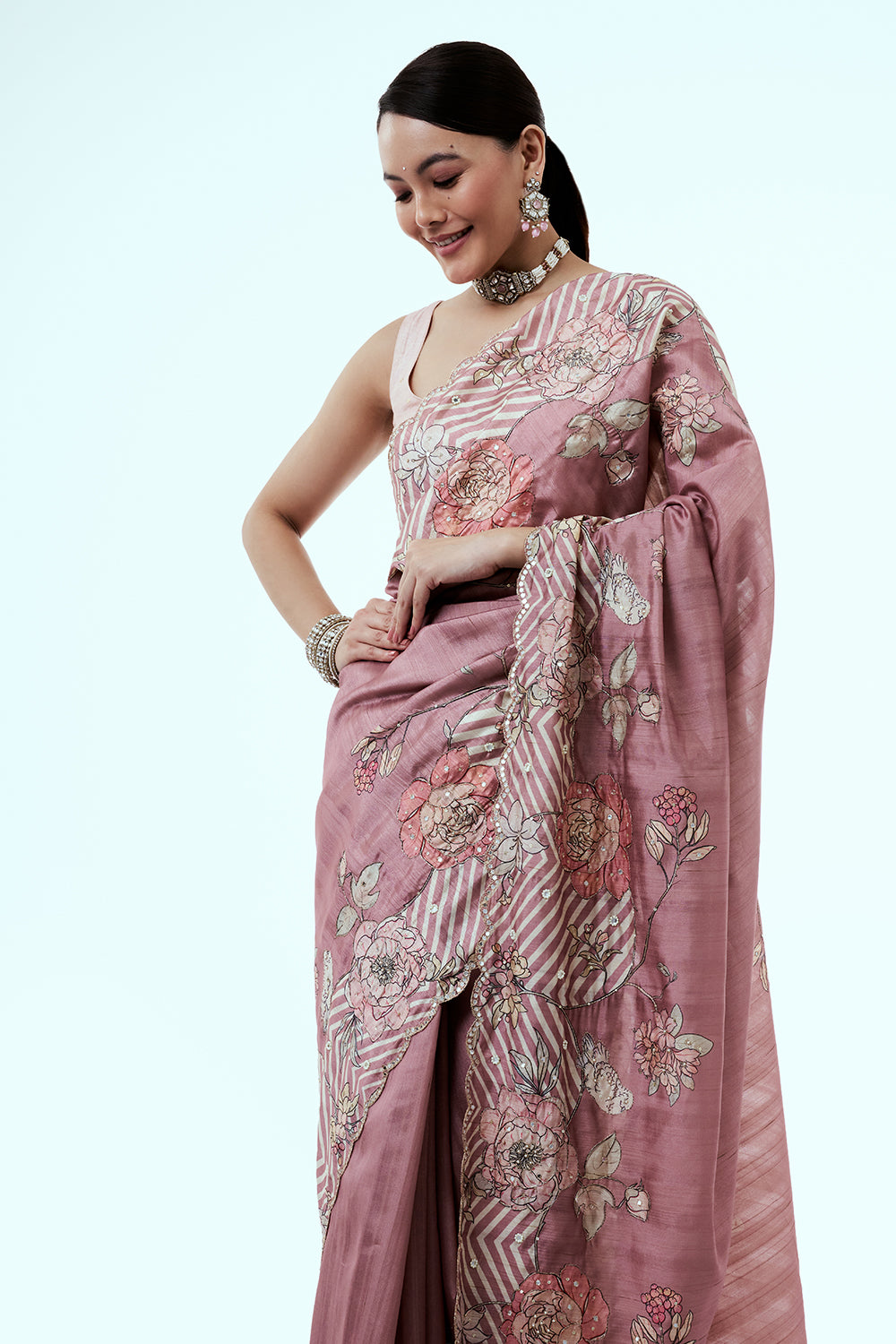 Old Rose Pink Tussar Silk Saree with Sequins Work