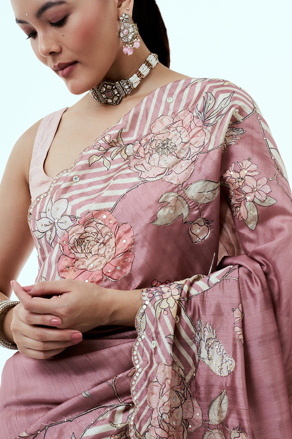 Old Rose Pink Tussar Silk Saree with Sequins Work