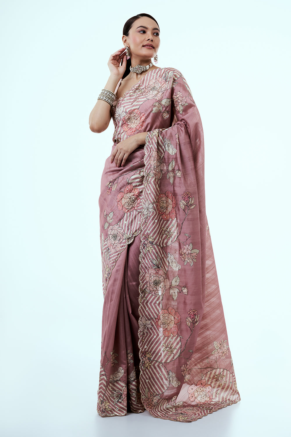 Old Rose Pink Tussar Silk Saree with Sequins Work