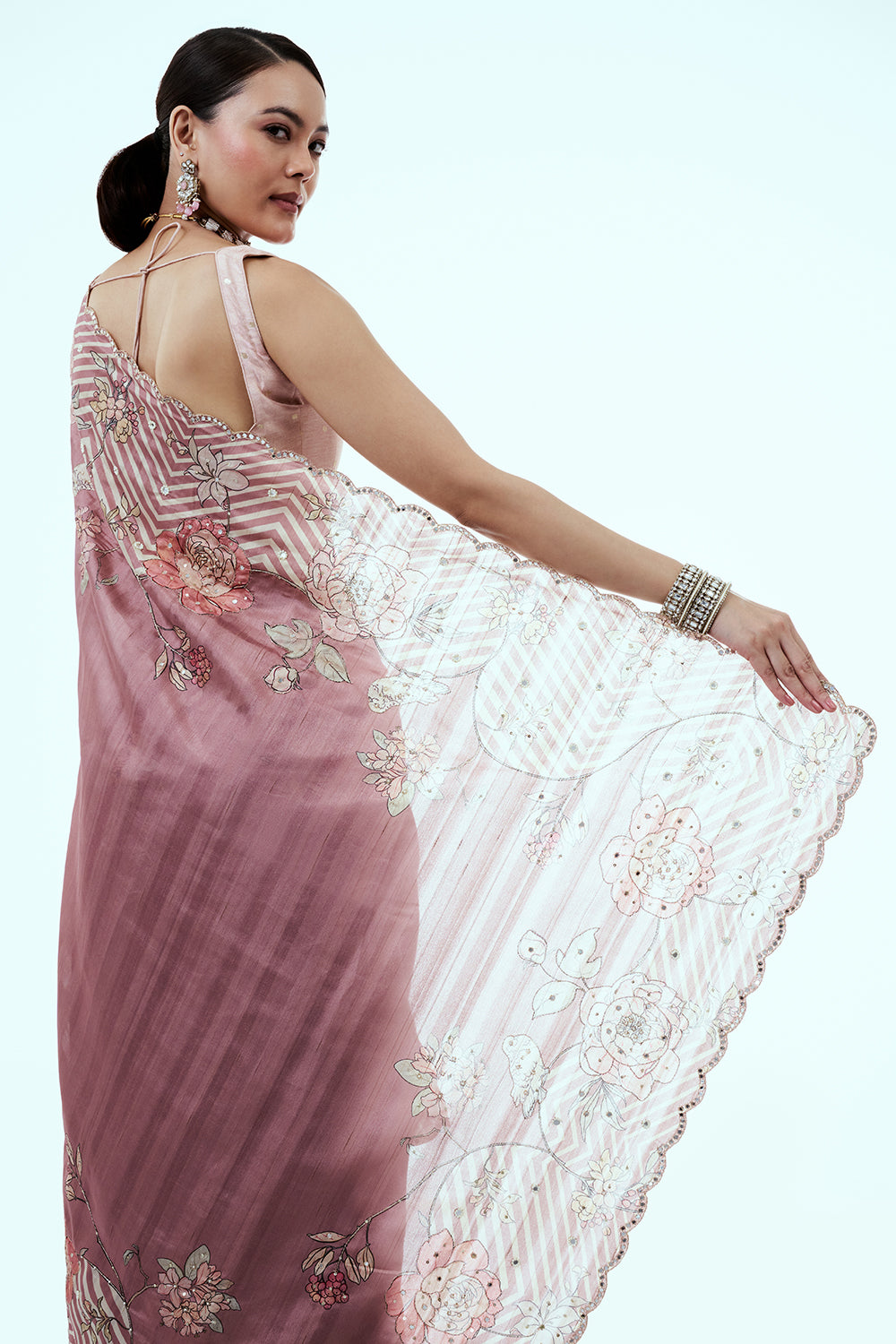 Old Rose Pink Tussar Silk Saree with Sequins Work