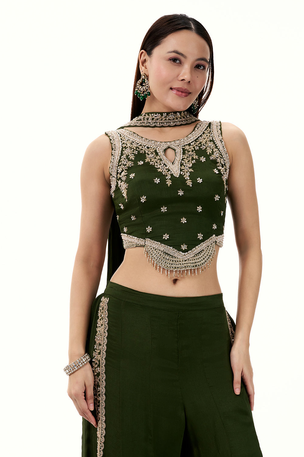 Olive Green Crepe Set with Zari and Cutdana Work