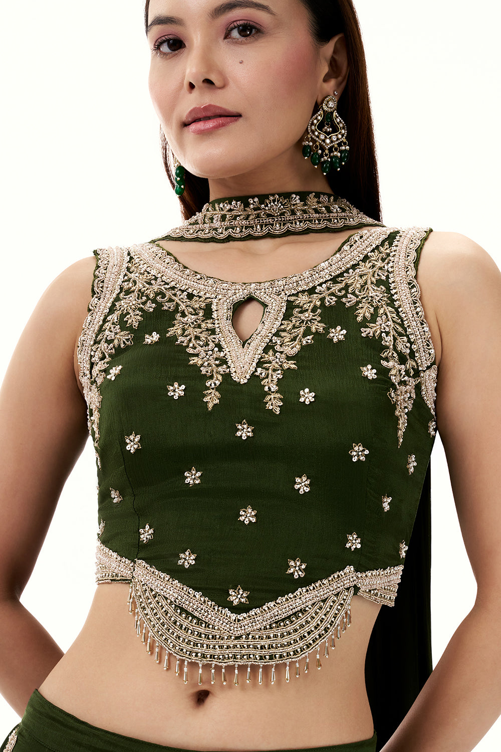 Olive Green Crepe Set with Zari and Cutdana Work