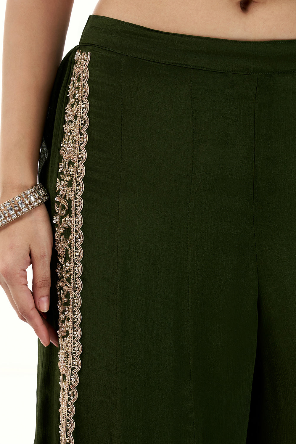 Olive Green Crepe Set with Zari and Cutdana Work