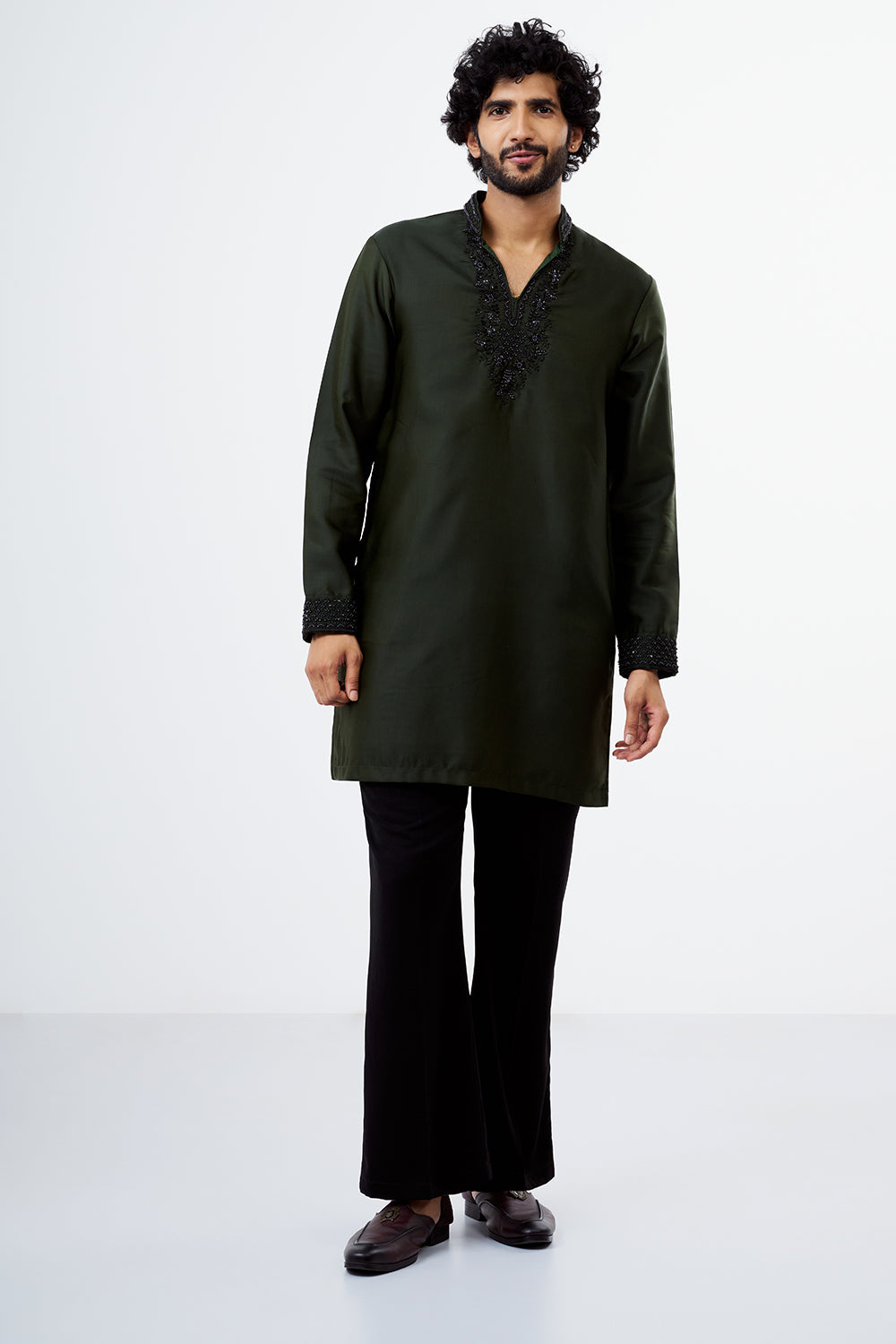 Olive Green Embroidered Polyester Men's Kurta Set