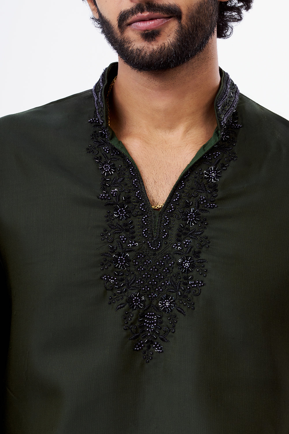 Olive Green Embroidered Polyester Men's Kurta Set