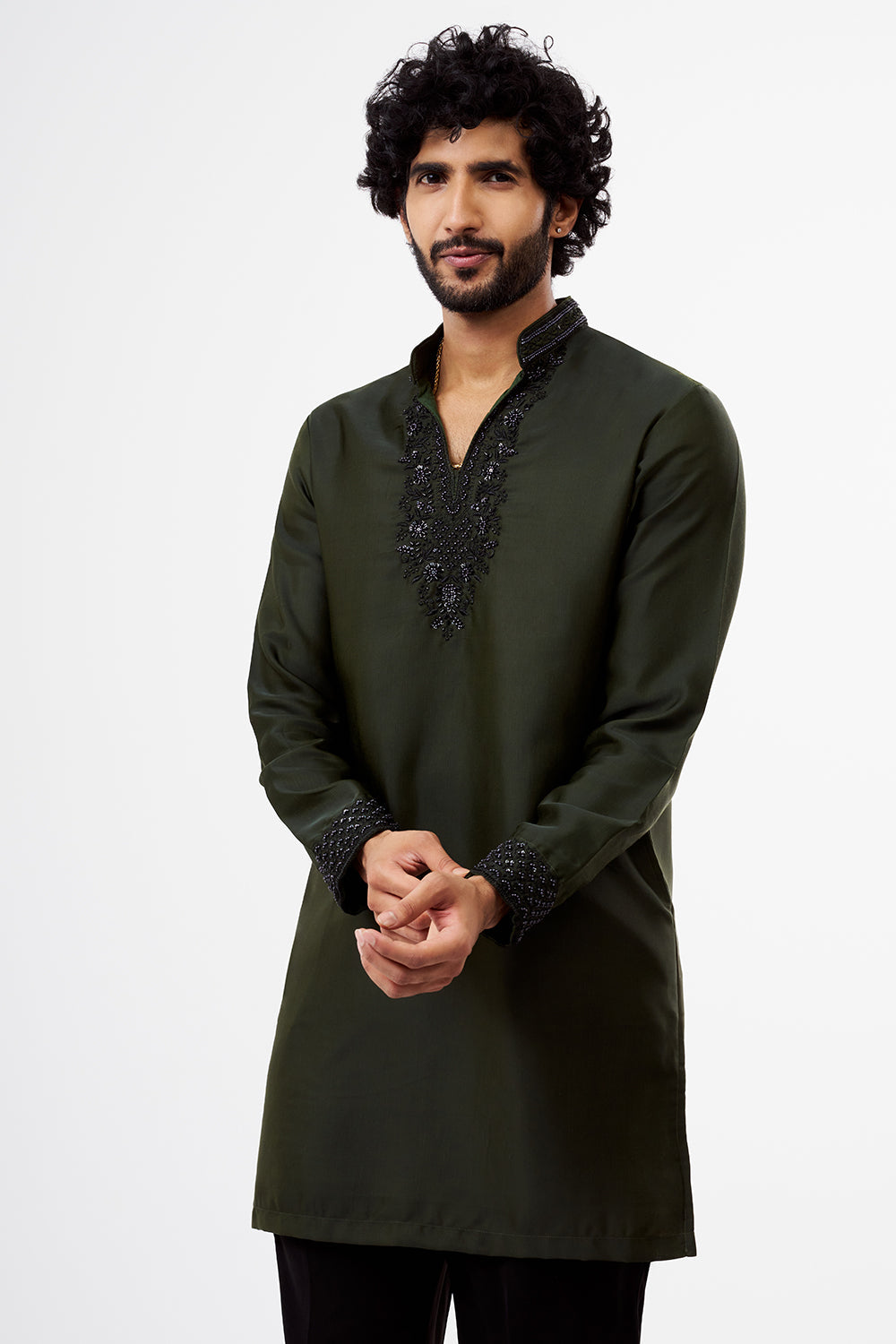 Olive Green Embroidered Polyester Men's Kurta Set