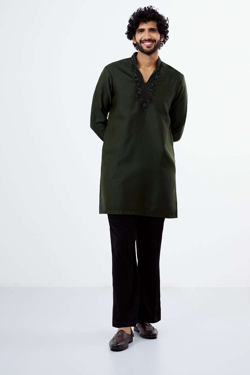 Olive Green Embroidered Polyester Men's Kurta Set