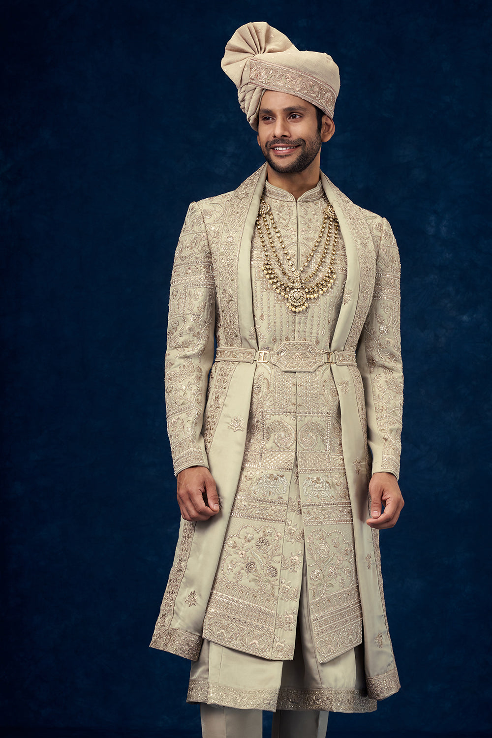 Olive Green Raw Silk Embroidered Groom Sherwani with Bead Work