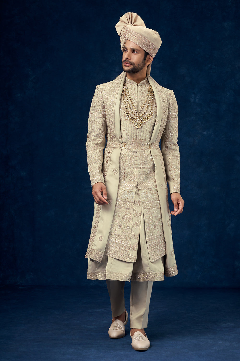 Olive Green Raw Silk Embroidered Groom Sherwani with Bead Work