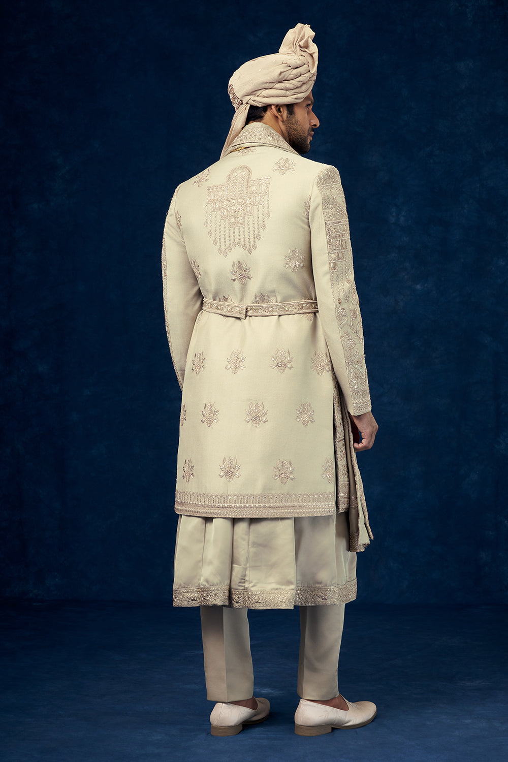 Olive Green Raw Silk Embroidered Groom Sherwani with Bead Work