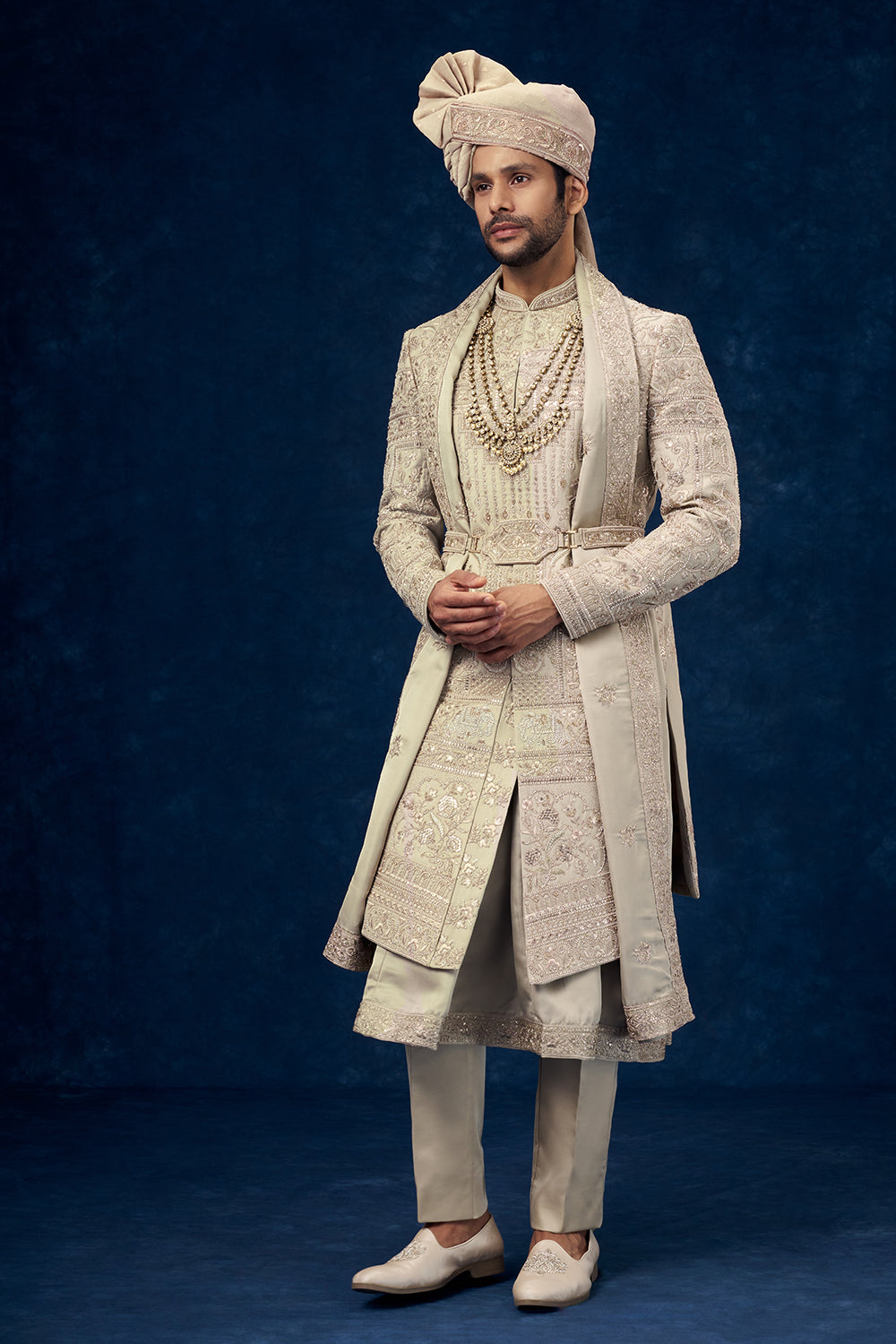 Olive Green Raw Silk Embroidered Groom Sherwani with Moti Work