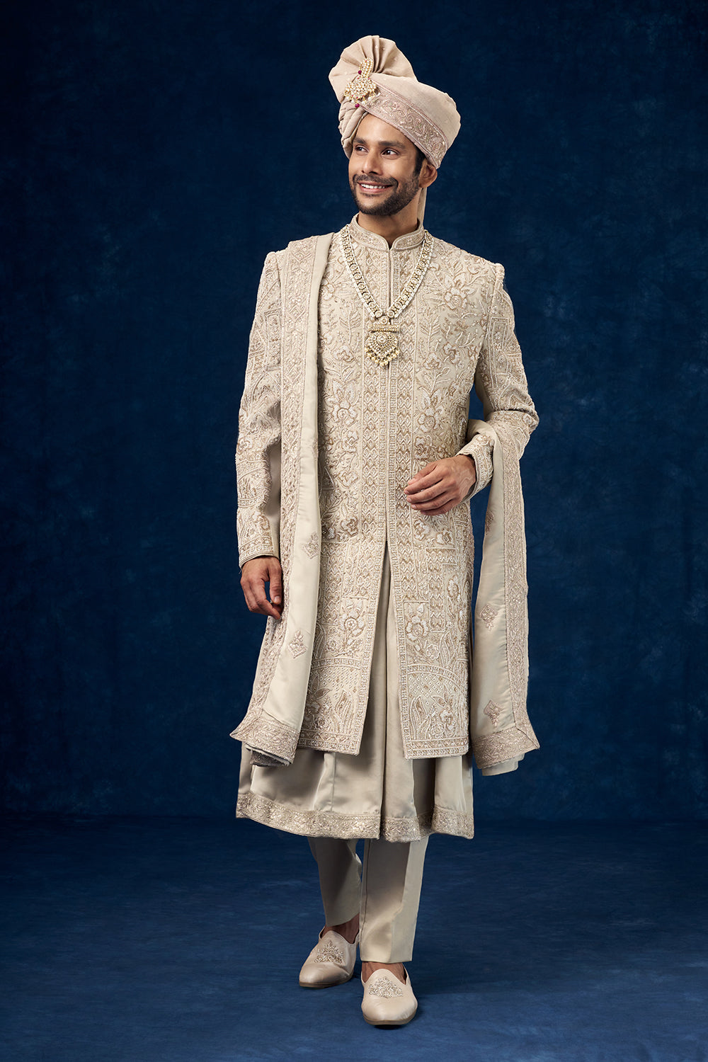 Olive Green Raw Silk Embroidered Groom Sherwani with Moti Work
