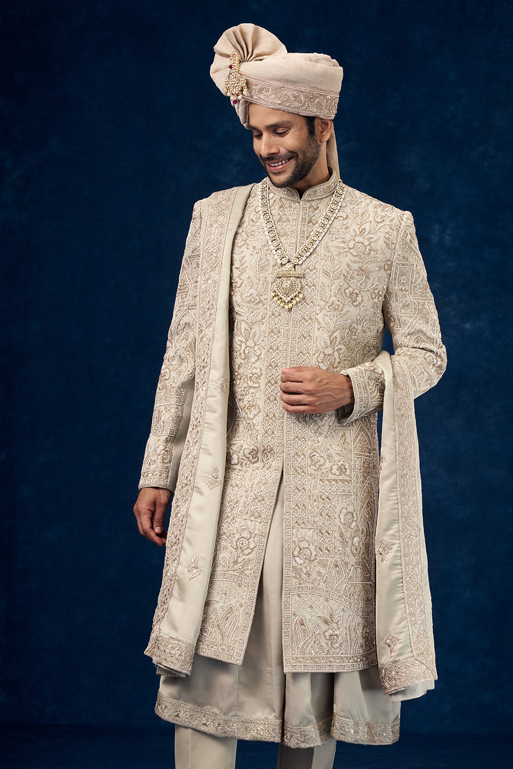 Olive Green Raw Silk Embroidered Groom Sherwani with Moti Work
