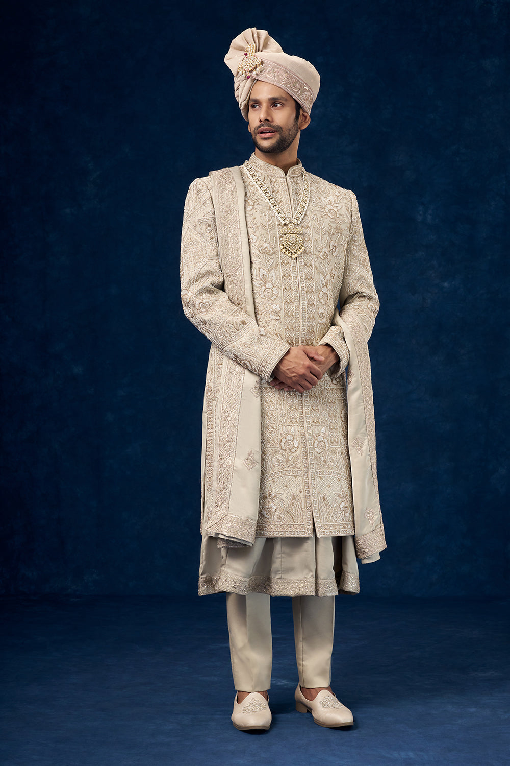 Olive Green Raw Silk Embroidered Groom Sherwani with Moti Work