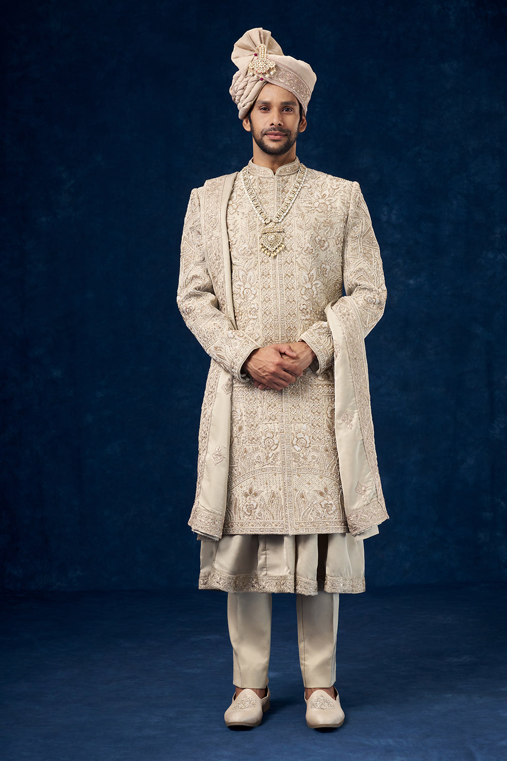 Olive Green Raw Silk Embroidered Groom Sherwani with Moti Work