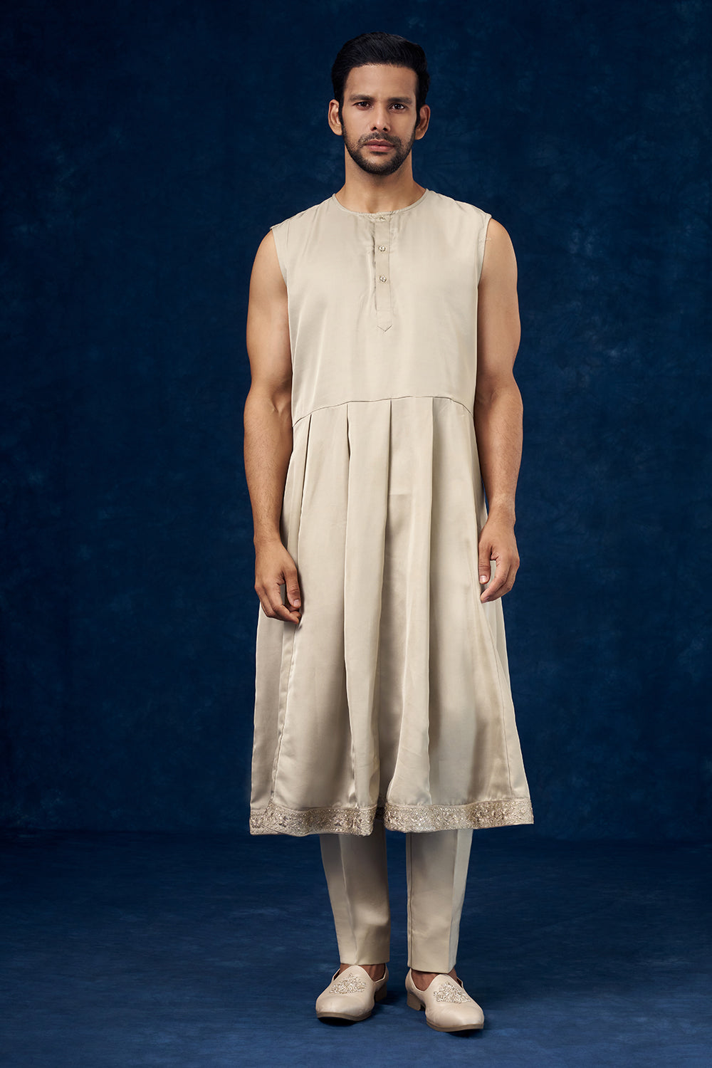 Olive Green Raw Silk Embroidered Groom Sherwani with Moti Work