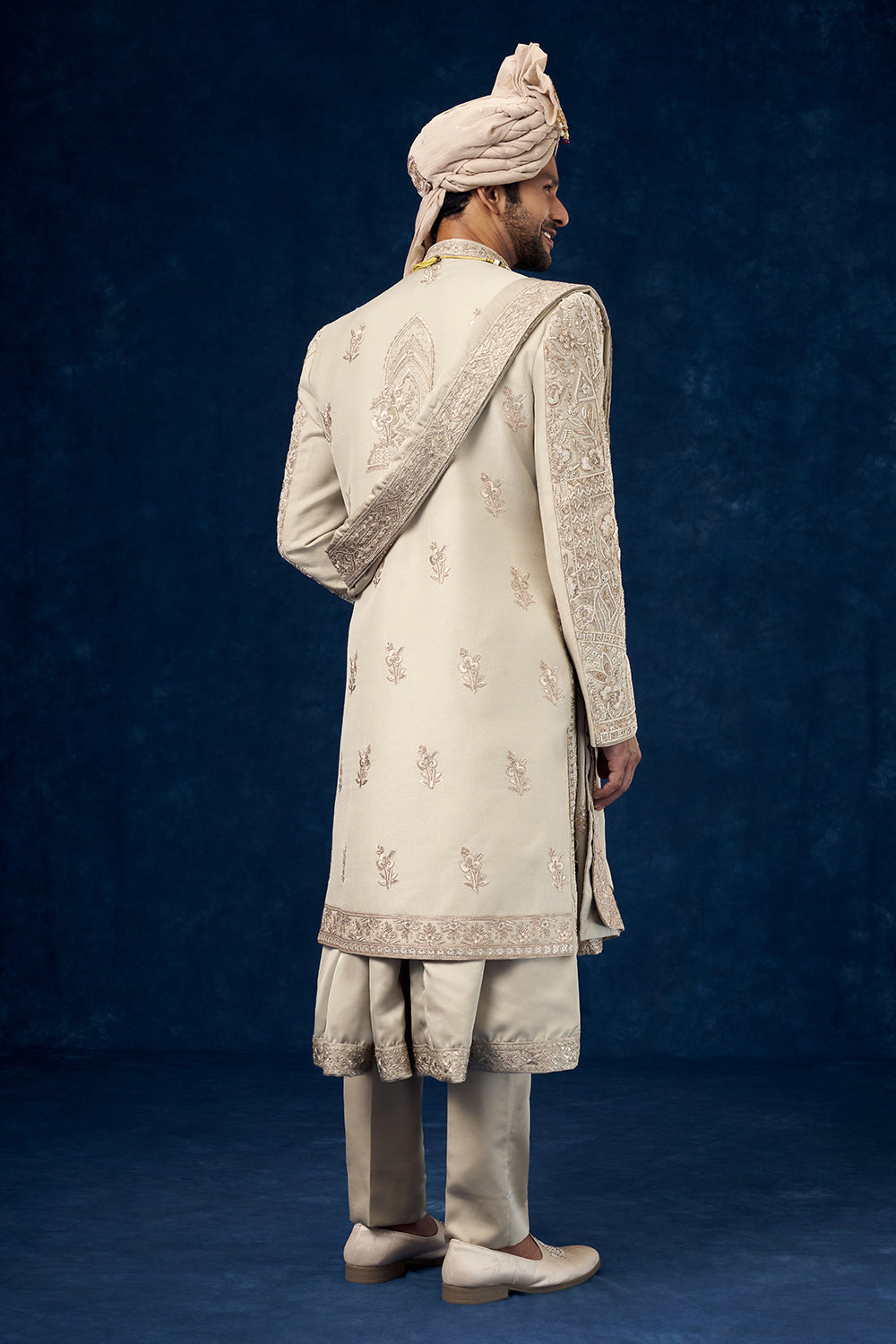 Olive Green Raw Silk Embroidered Groom Sherwani with Moti Work