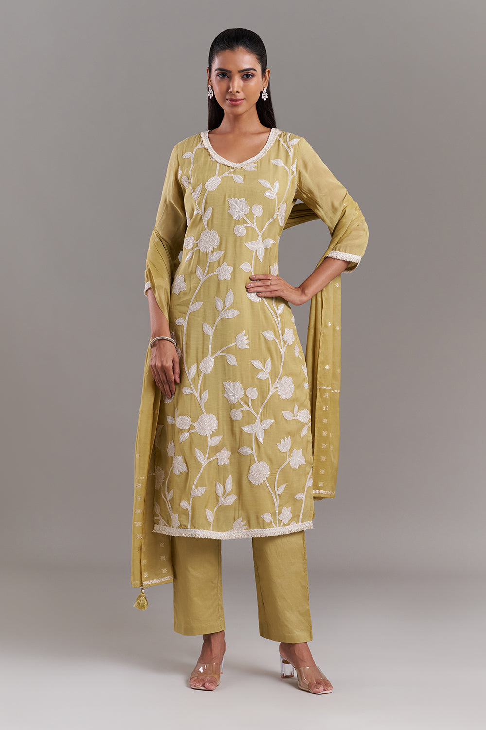Olive Green Tissue Applique Kurta Set