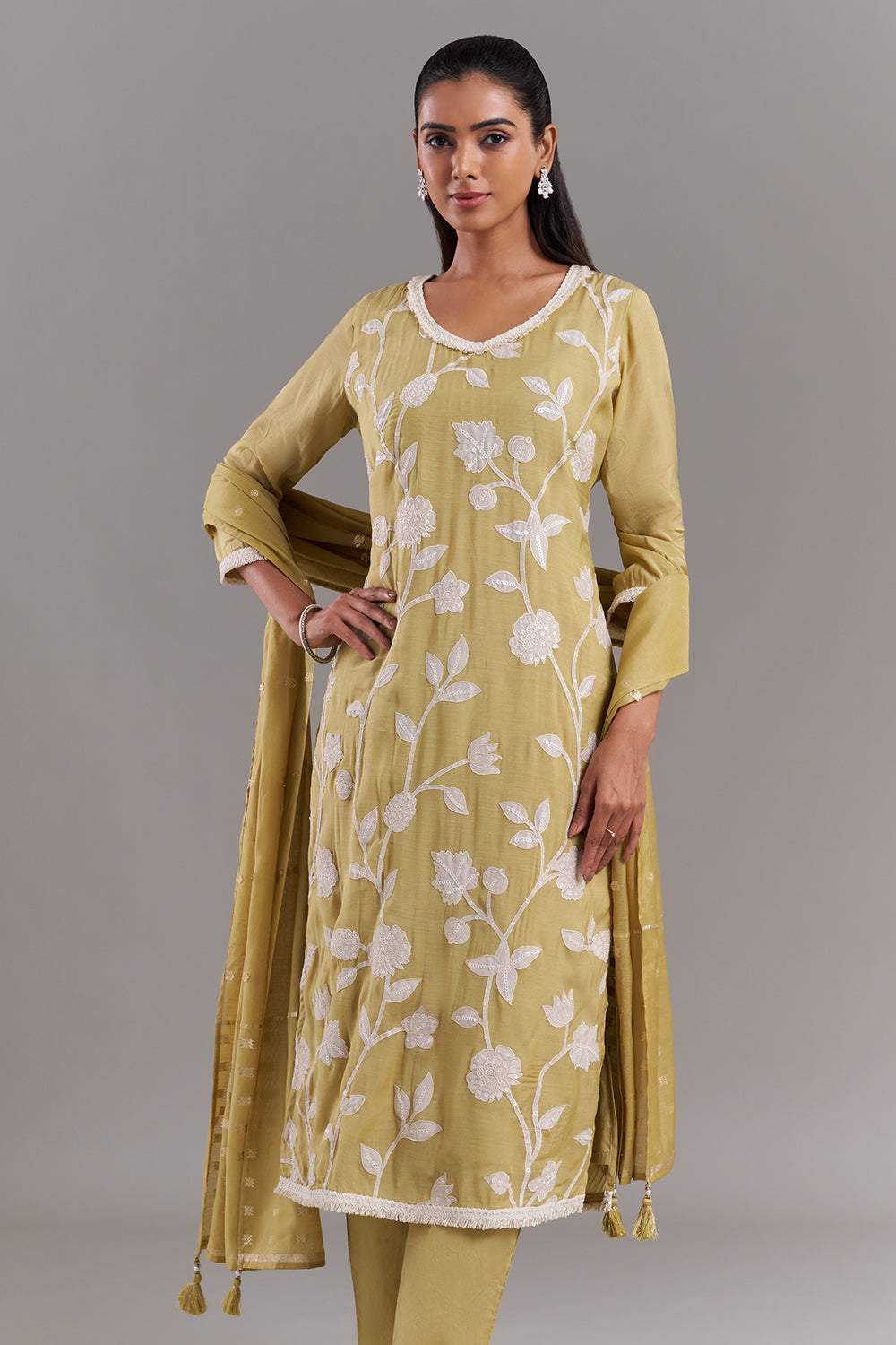 Olive Green Tissue Applique Kurta Set