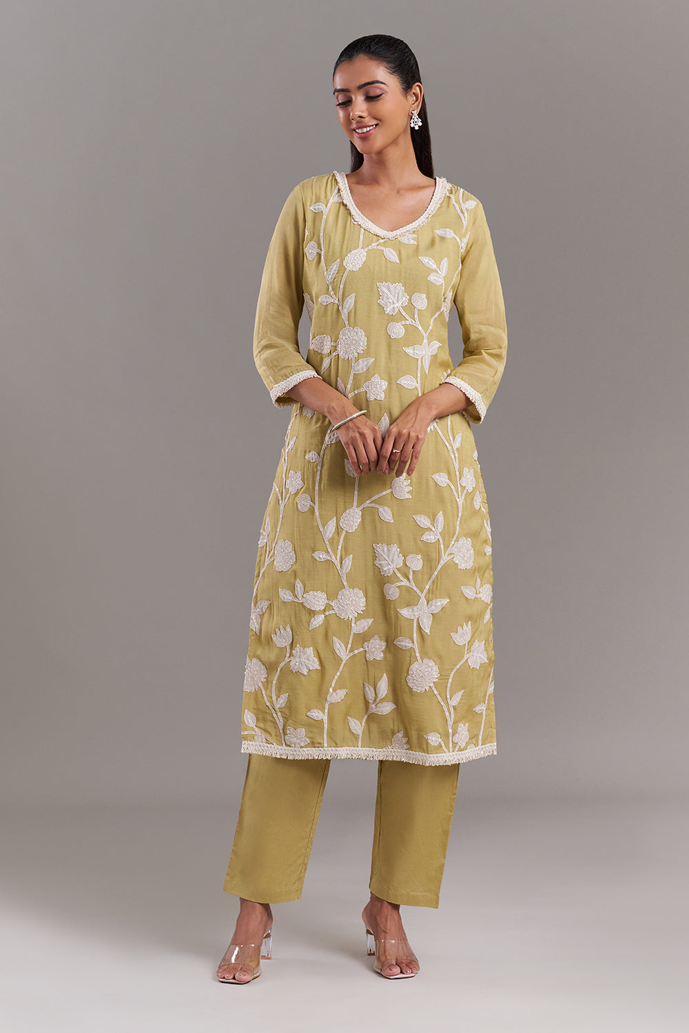 Olive Green Tissue Applique Kurta Set