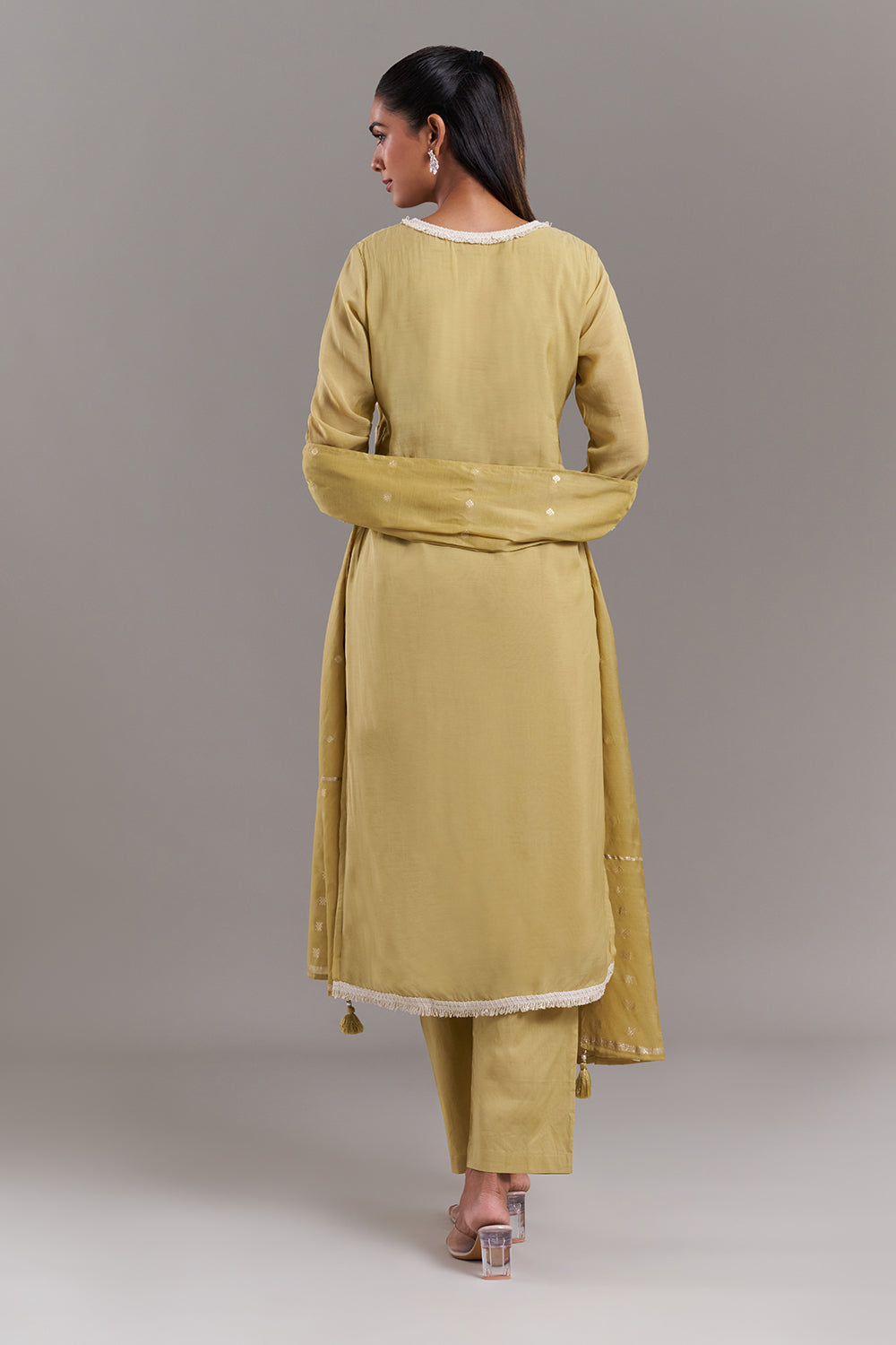 Olive Green Tissue Applique Kurta Set